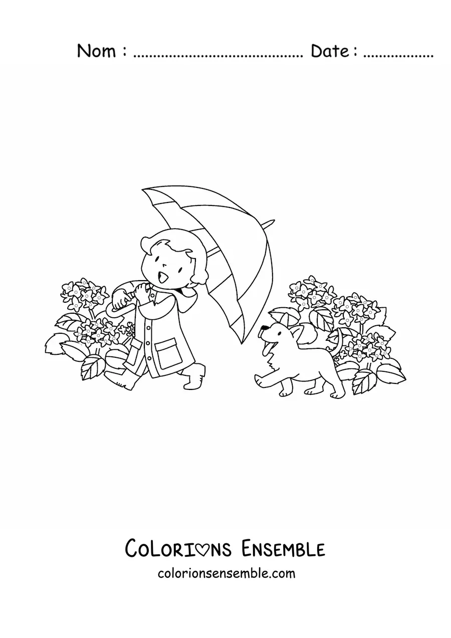 Image à colorier d'une fille kawaii avec un chien