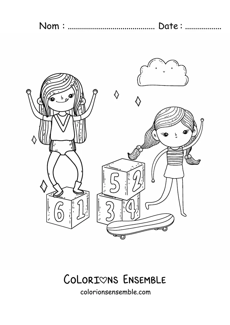 Image à colorier de filles qui jouent avec un skateboard