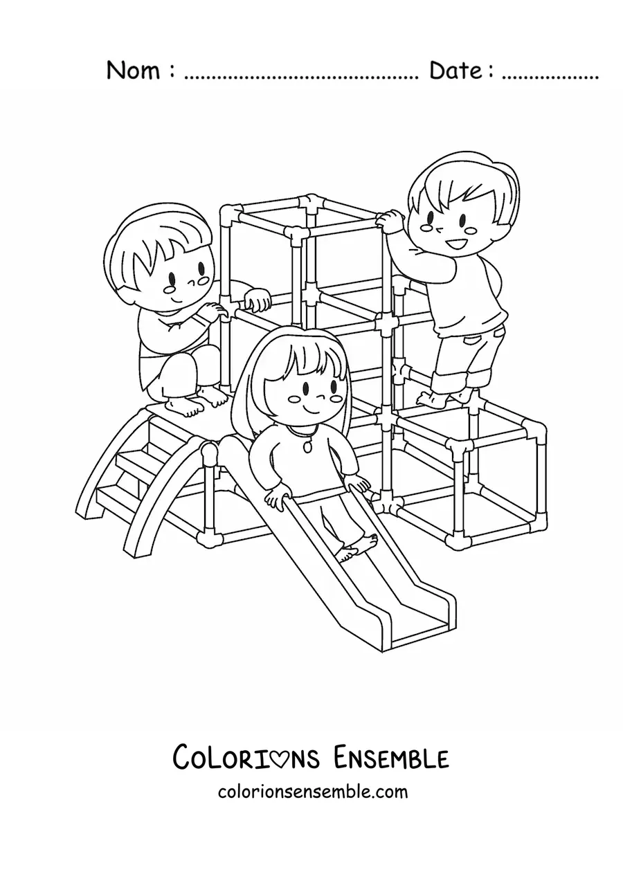 Image à colorier d'une fille et de garçons qui jouent au parc