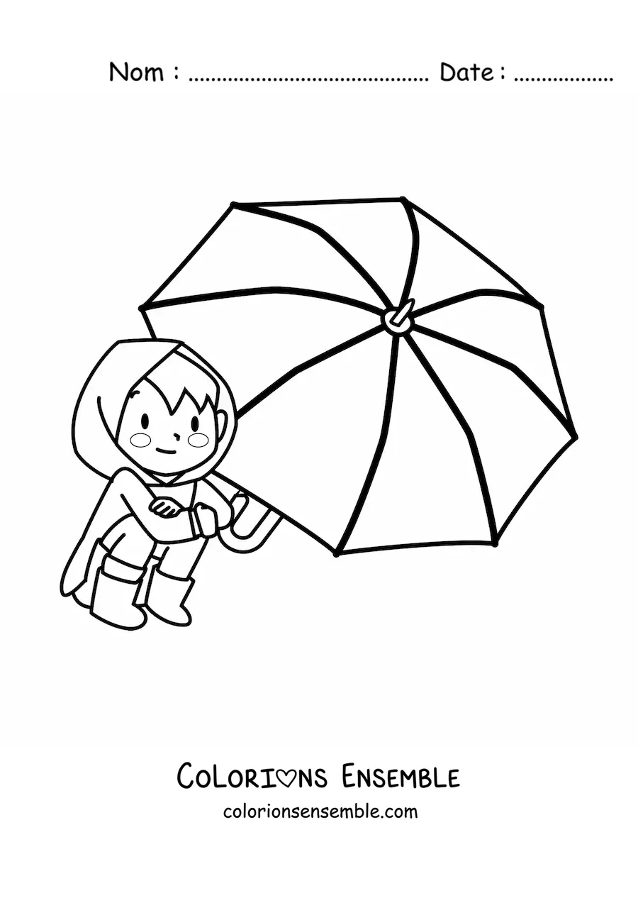 Image à colorier d'un garçon kawaii assis avec une ombrelle