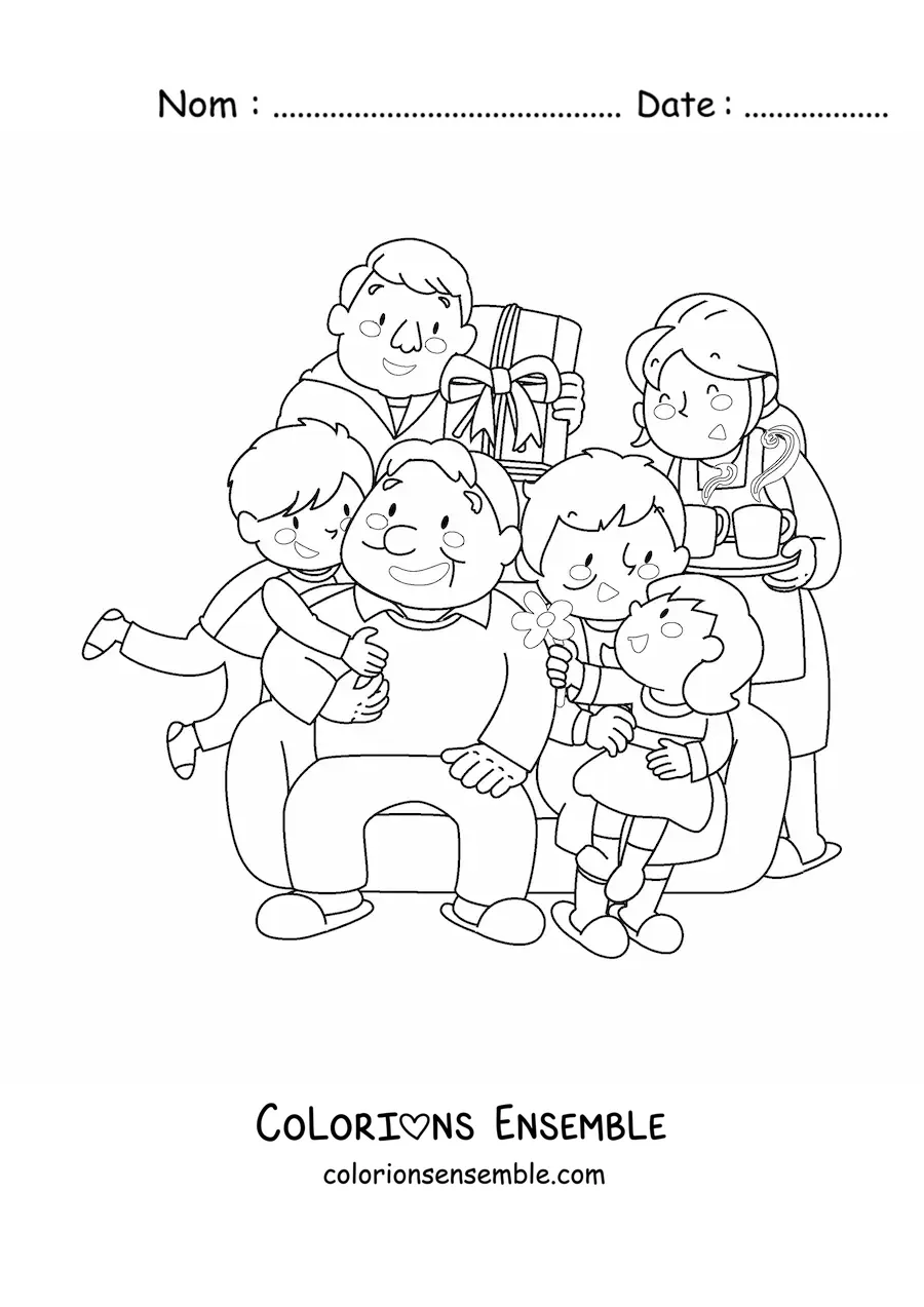 Image à colorier d'une famille unie avec les grands-parents
