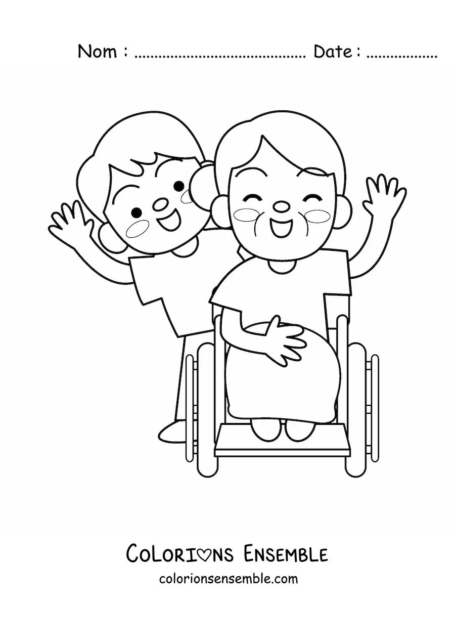 Image à colorier d'une mamie kawaii et de son petit-fils