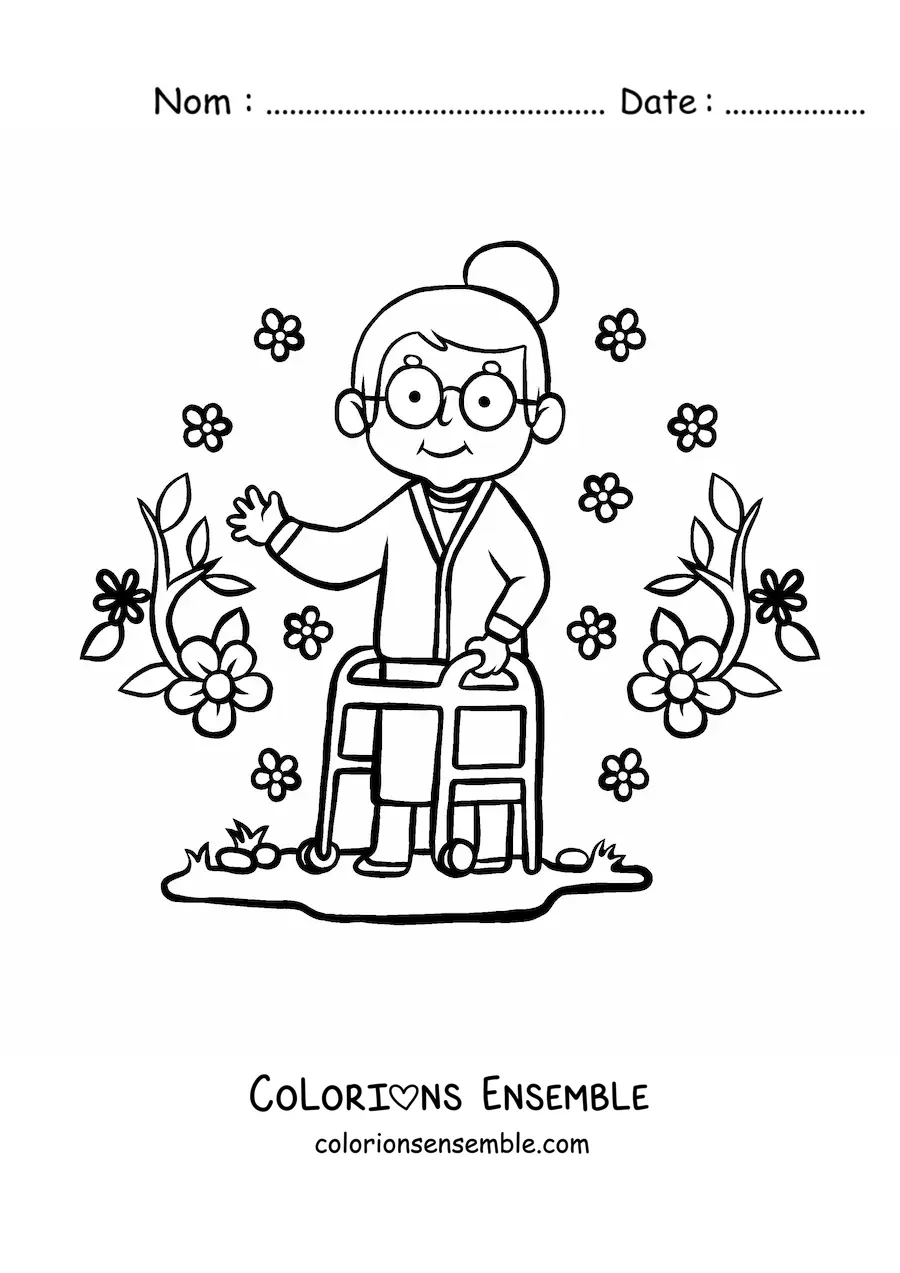 Image à colorier d'une tendre mamie avec un déambulateur sur un fond de fleurs