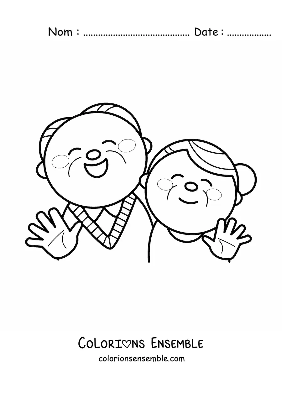 Image à colorier d'un couple de petits vieux kawaii