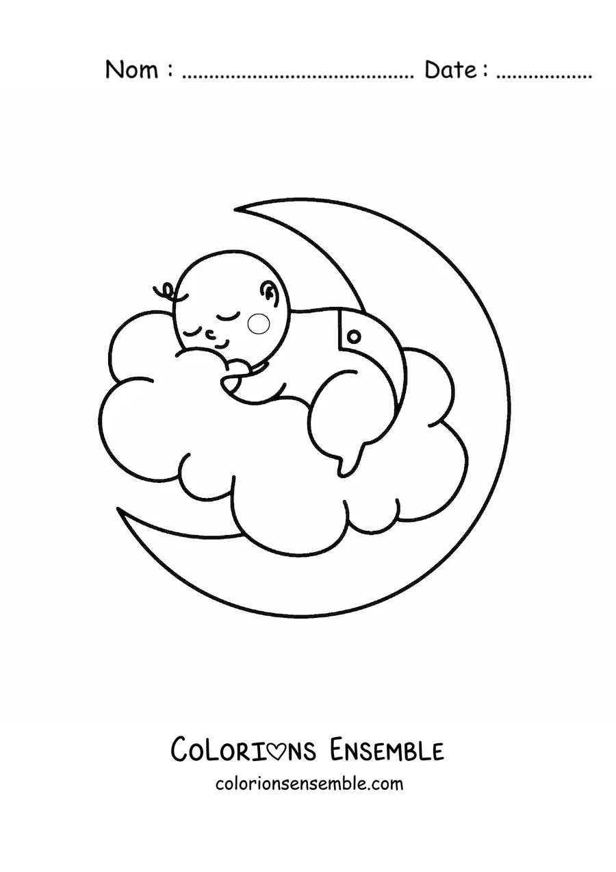 Image à colorier d'un bébé nouveau-né qui dort sur la Lune