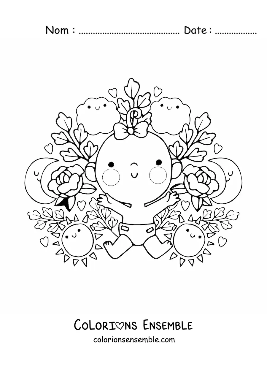 Image à colorier d'un bébé fille kawaii avec des fleurs animées