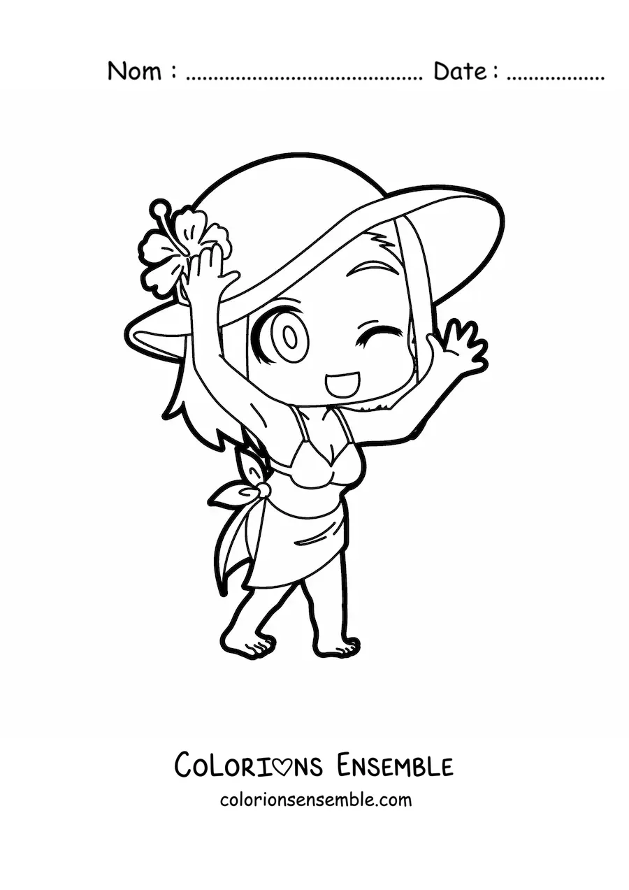 Image à colorier d'une fille kawaii à la plage