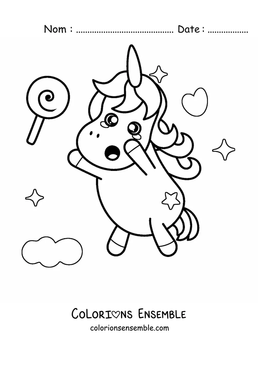 Image à colorier d'une licorne kawaii debout qui essaie d'attraper une sucette