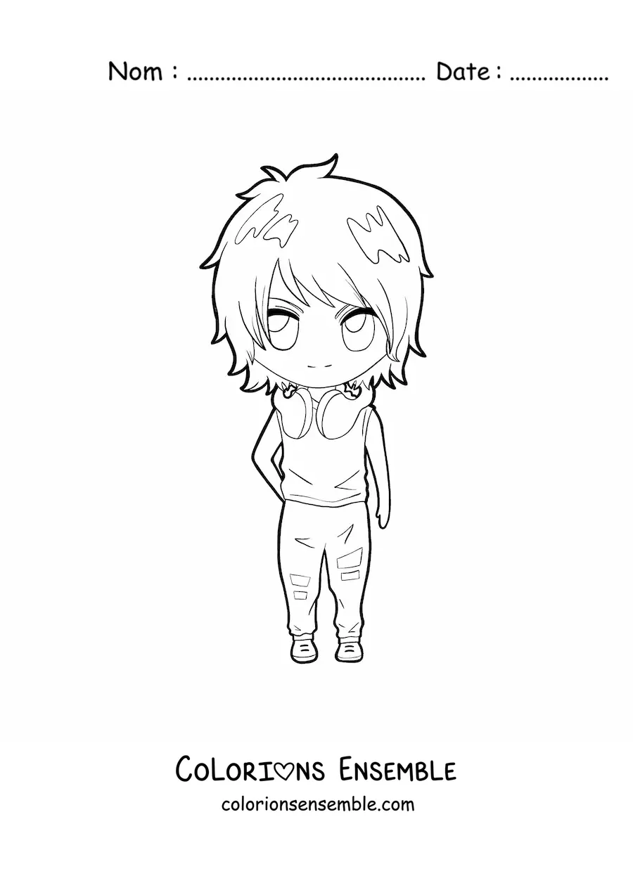 Image à colorier d'un garçon anime kawaii avec un casque