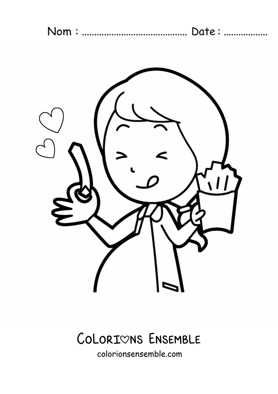 Image à colorier d'une femme enceinte qui mange des frites