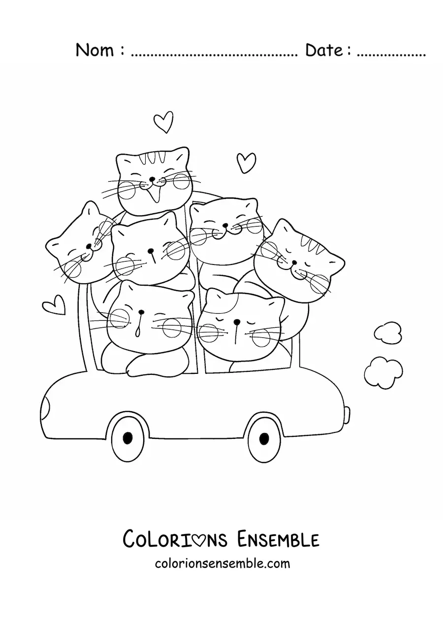 Image à colorier de chats kawaii dans une voiture
