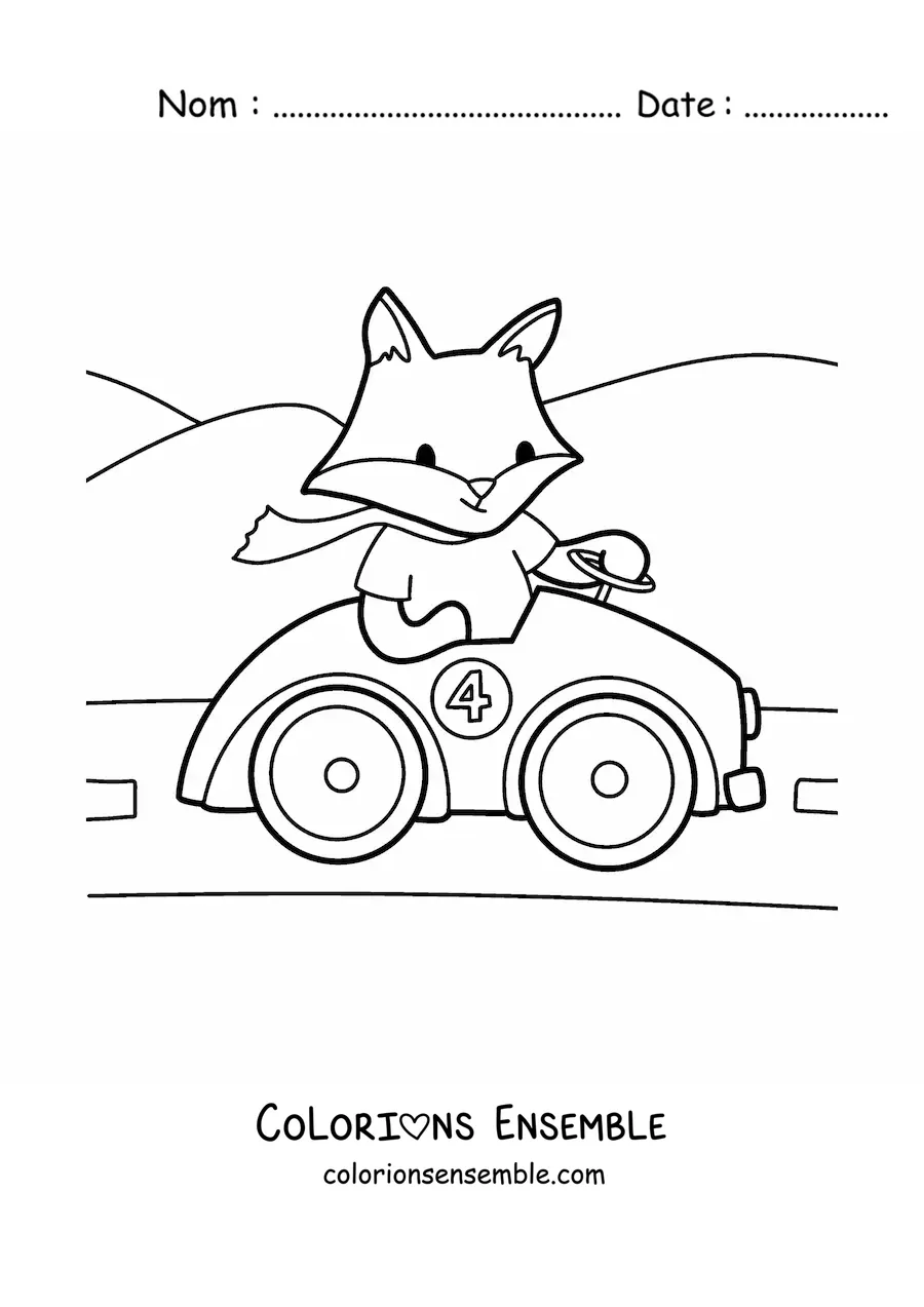 Image à colorier d'un renard kawaii animé qui conduit une voiture