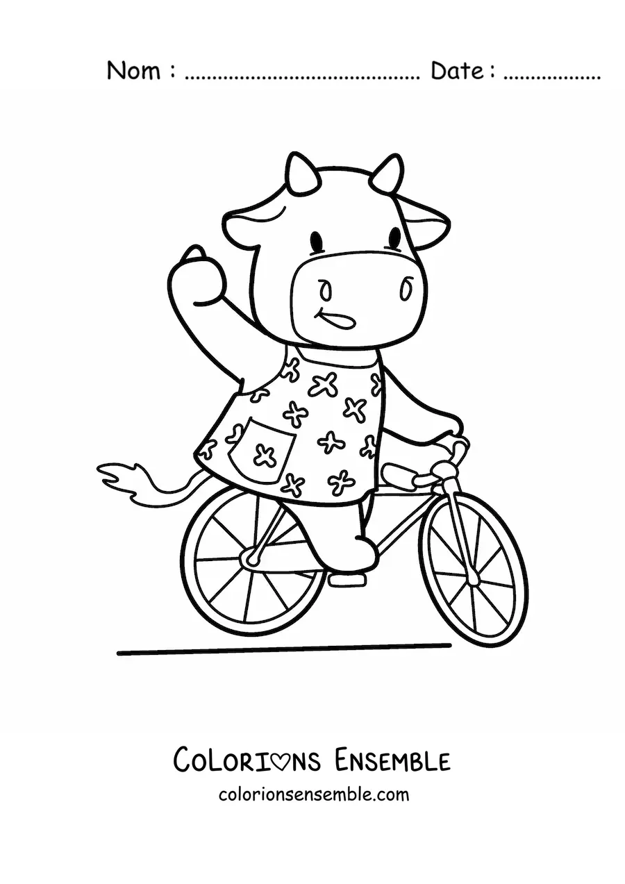 Image à colorier d'une vache kawaii animée qui roule à vélo