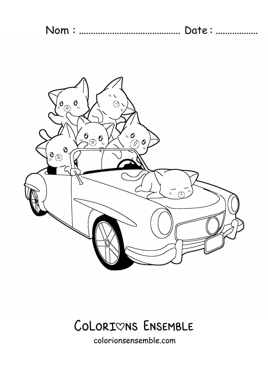 Image à colorier de chatons mignons dans une voiture
