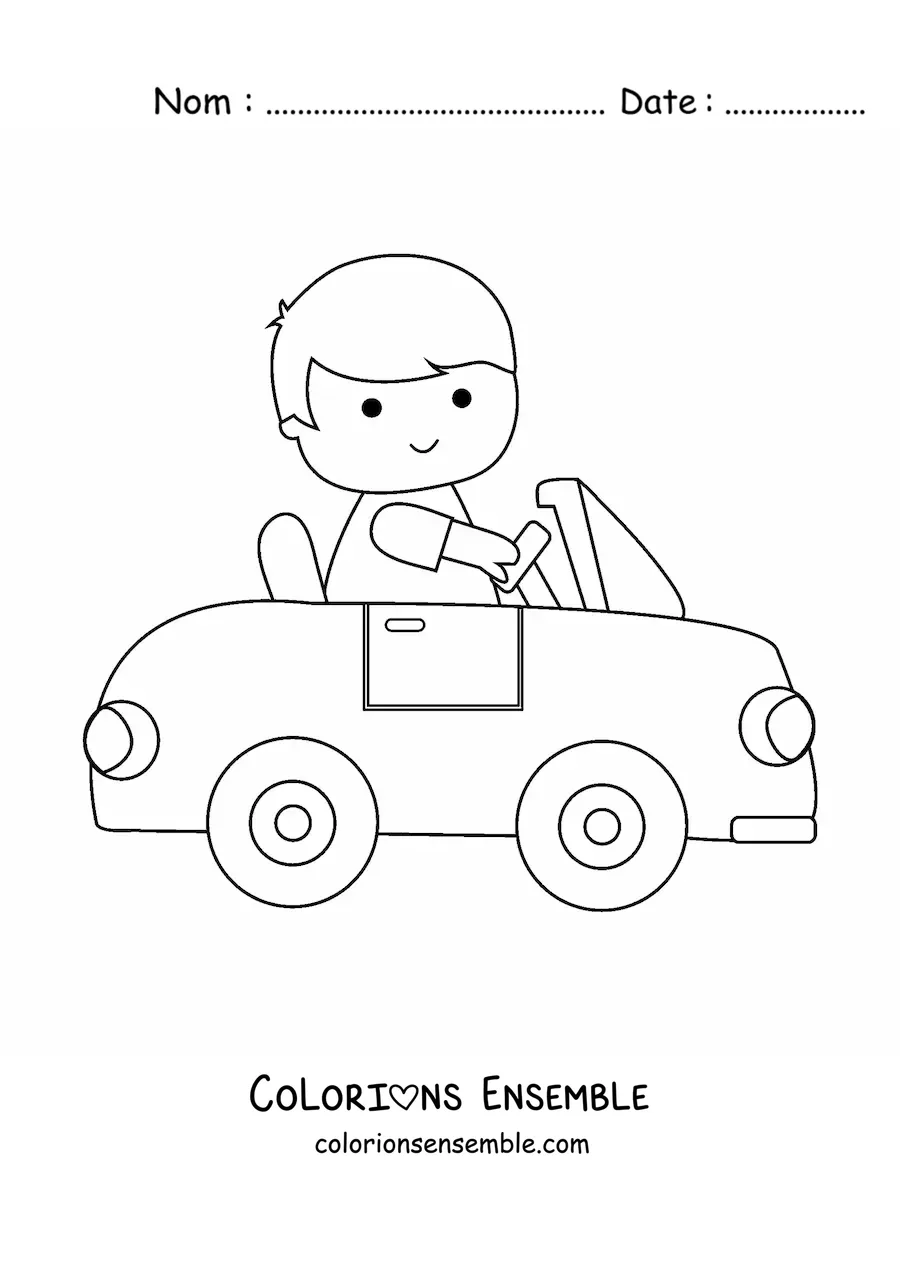 Image à colorier d'un garçon kawaii qui conduit une voiture