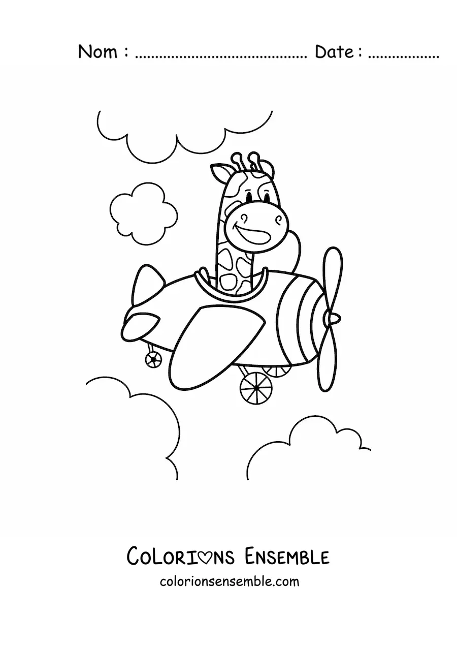 Image à colorier d'une girafe kawaii animée qui pilote un avion