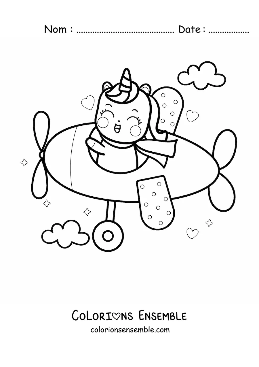 Image à colorier d'une licorne kawaii qui pilote un avion