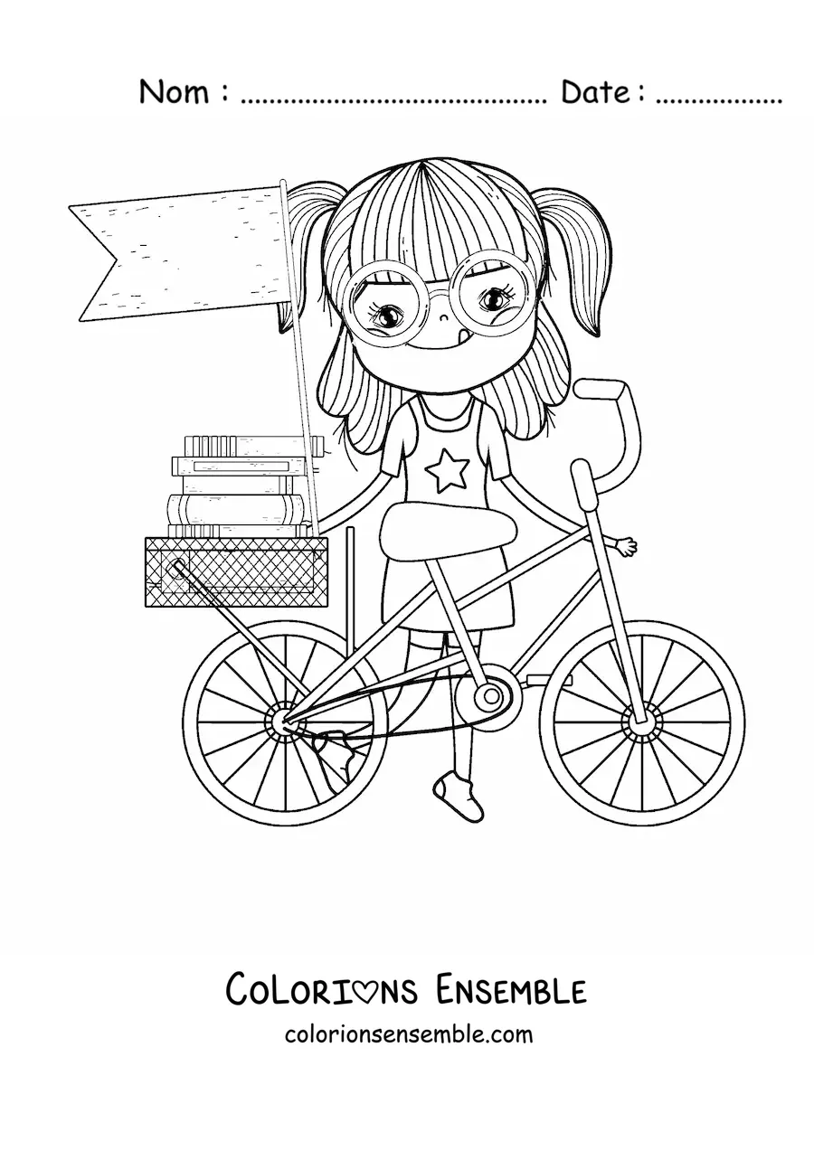 Image à colorier d'une fille avec un vélo et des livres