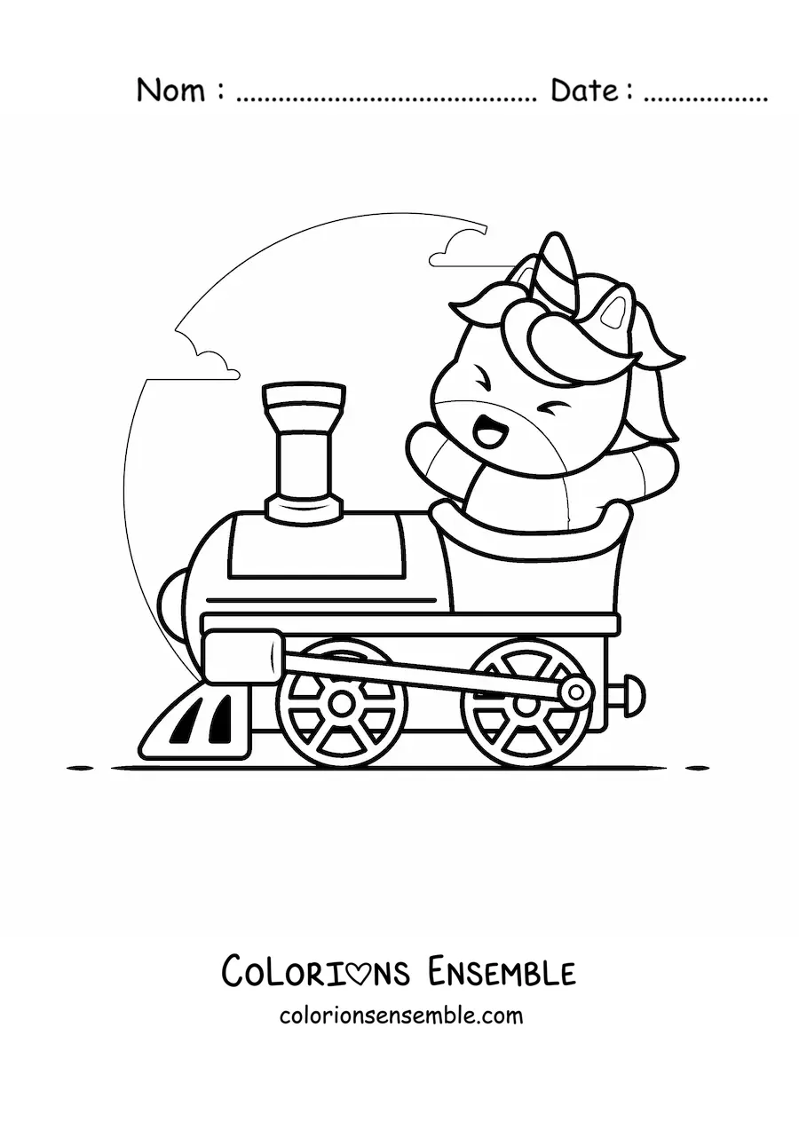 Image à colorier d'une licorne kawaii dans un train
