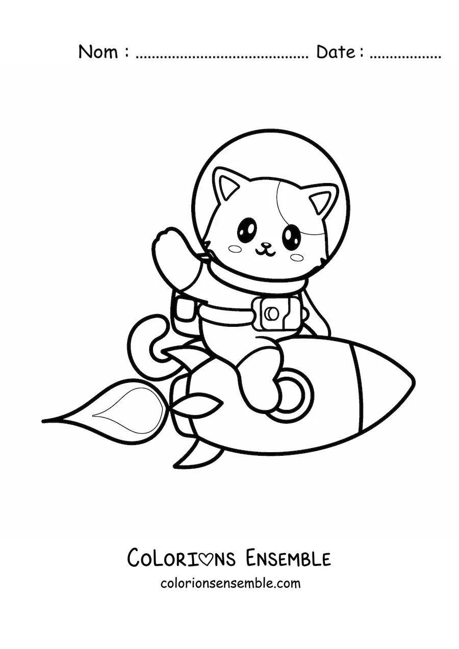 Image à colorier d'un chat animé kawaii dans une fusée