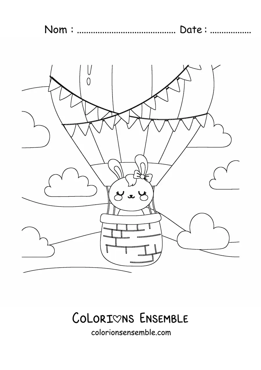 Image à colorier d'un lapin animé kawaii dans une montgolfière