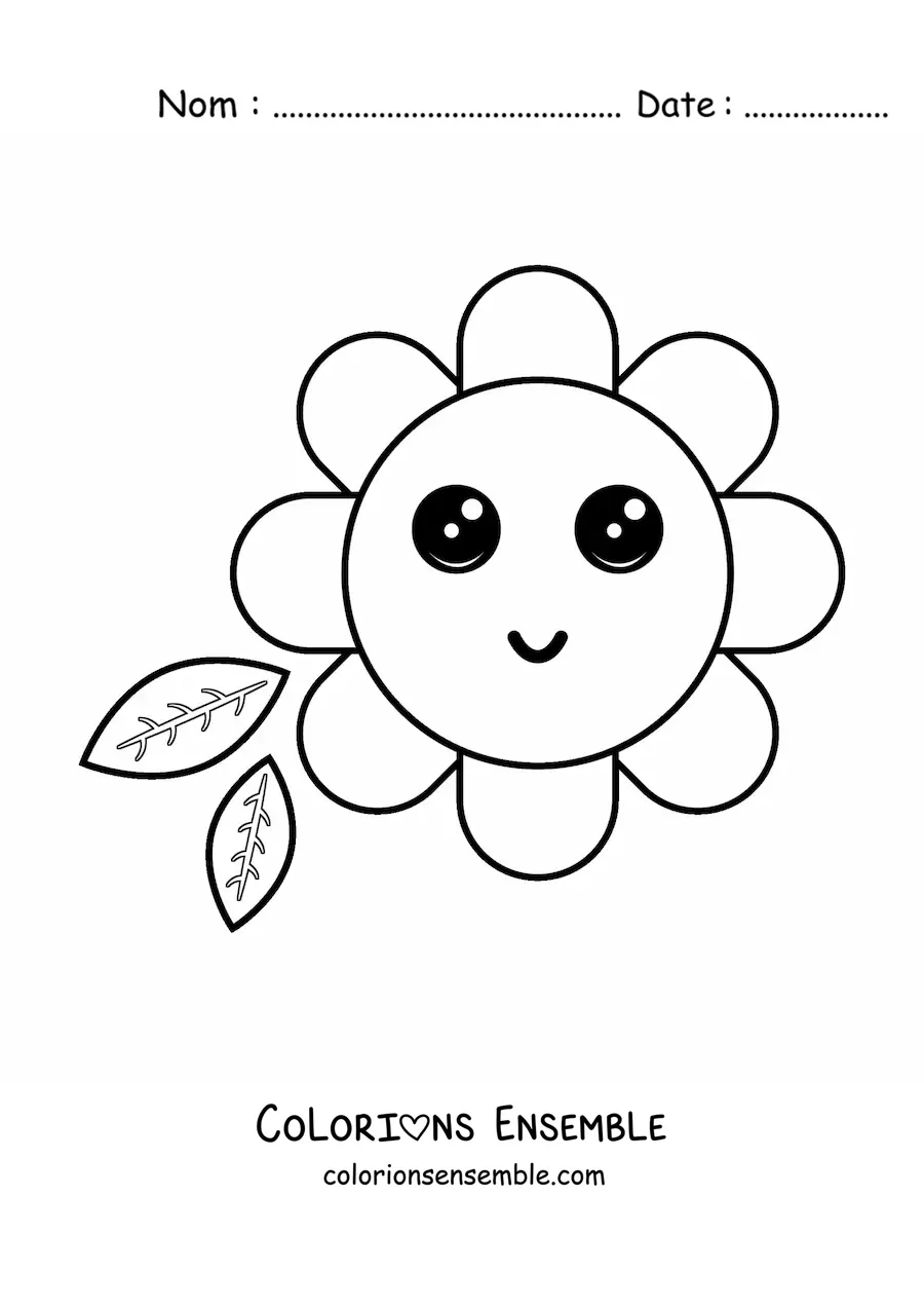 Image à colorier d'une grande fleur kawaii avec des feuilles