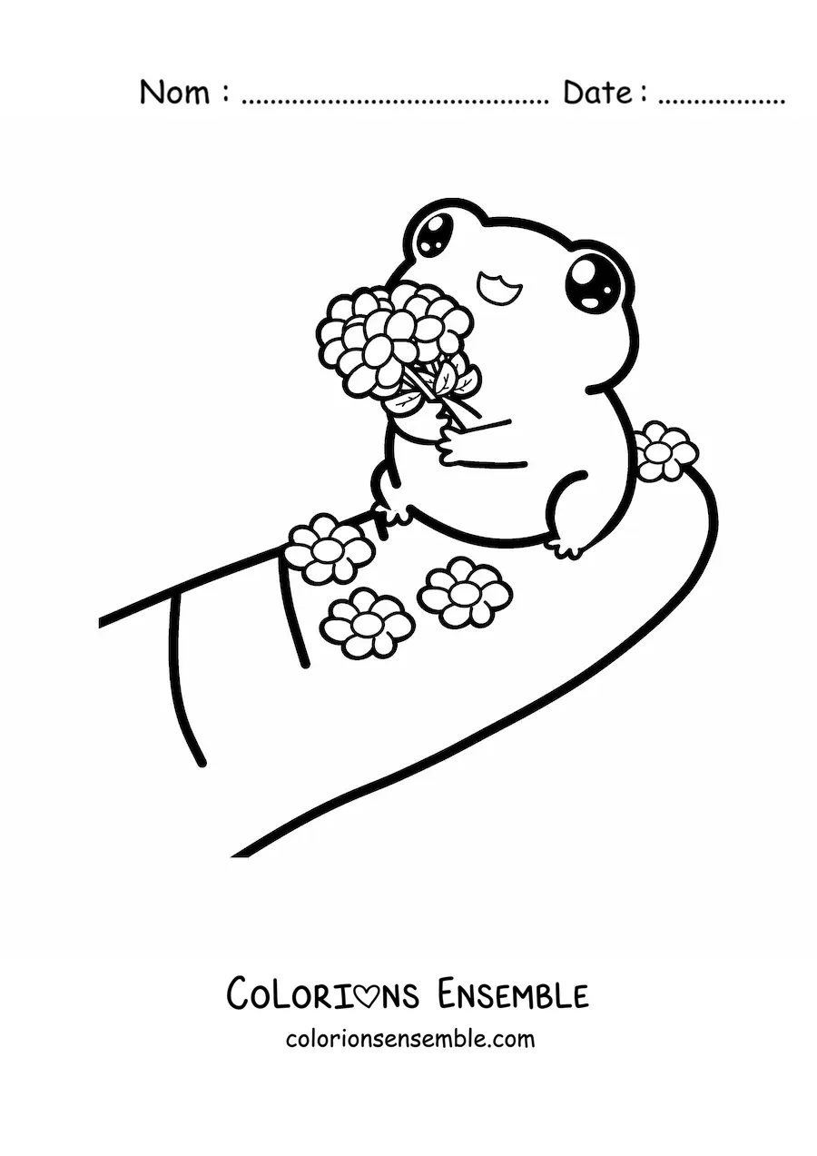 Image à colorier d'une grenouille kawaii avec des fleurs