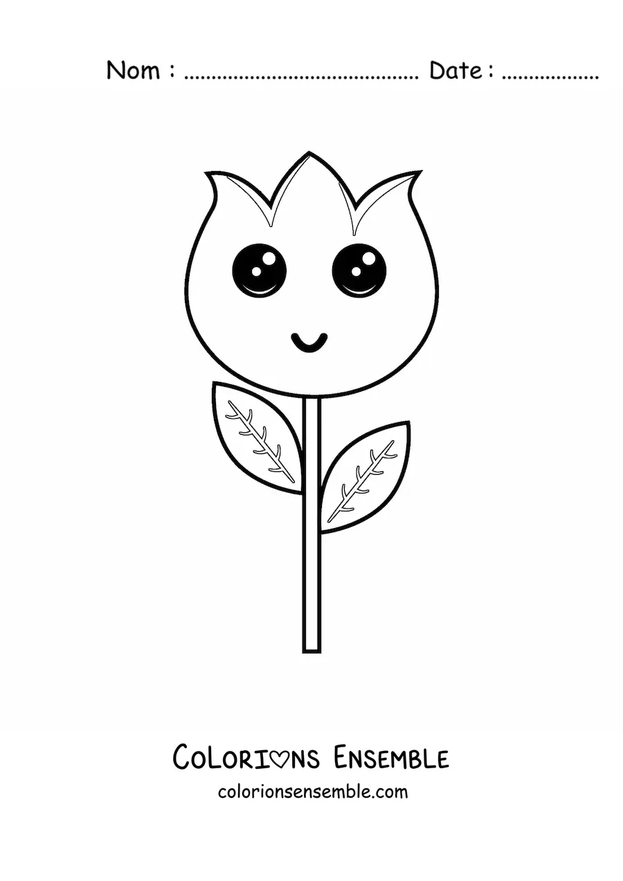Image à colorier d'une grande tulipe kawaii avec des feuilles