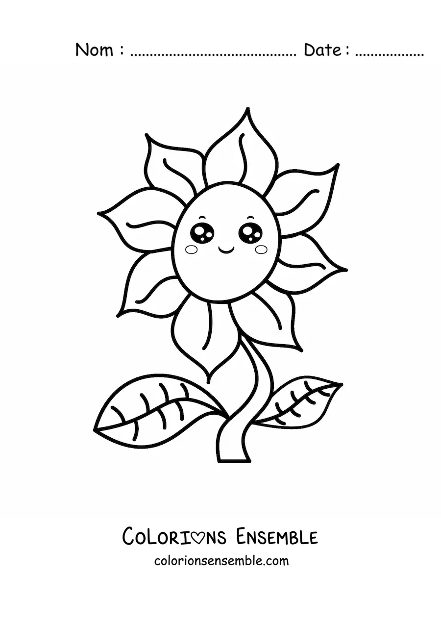 Image à colorier d'une grande fleur animée kawaii avec des feuilles
