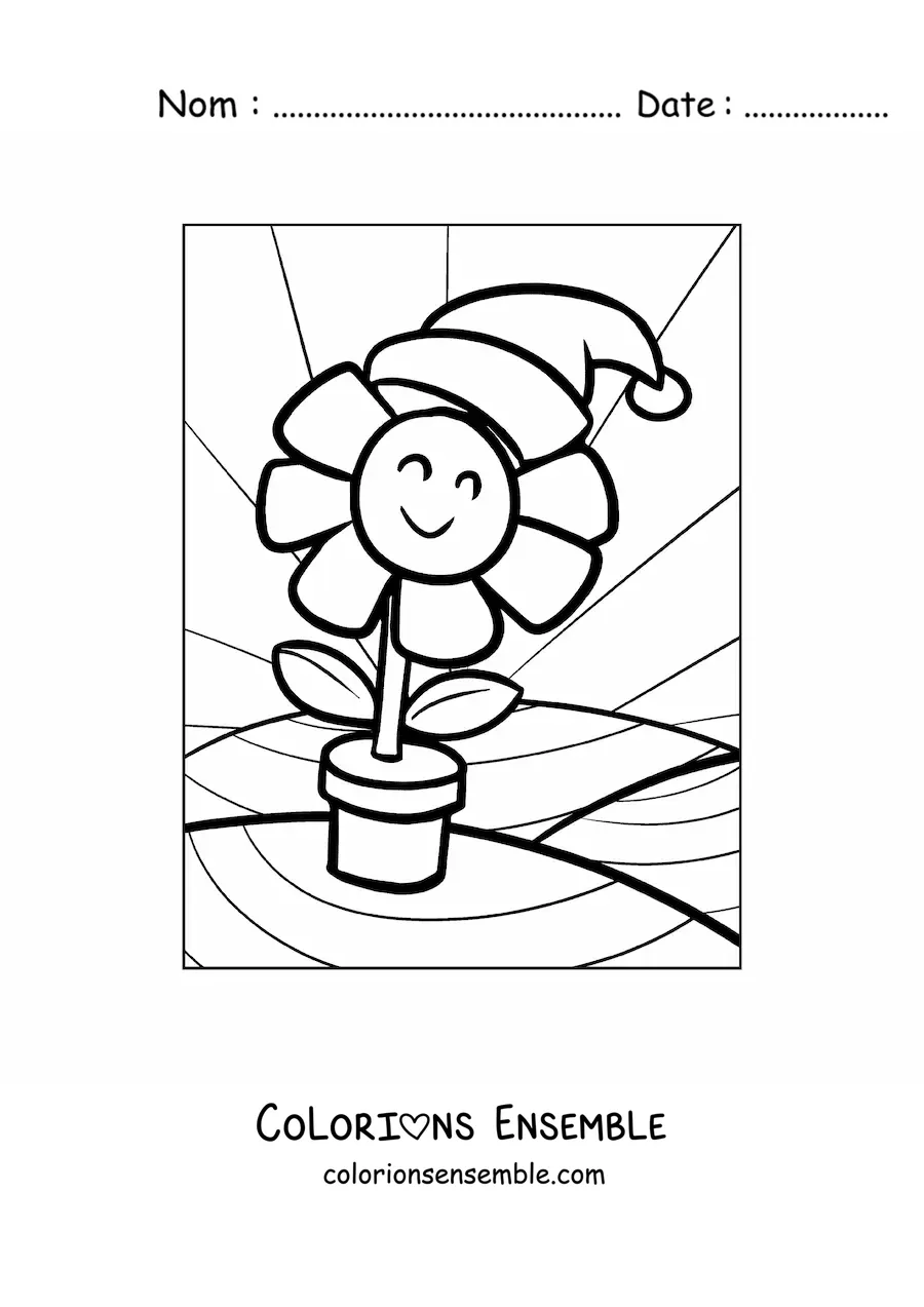 Image à colorier d'une fleur animée avec un bonnet de Noël
