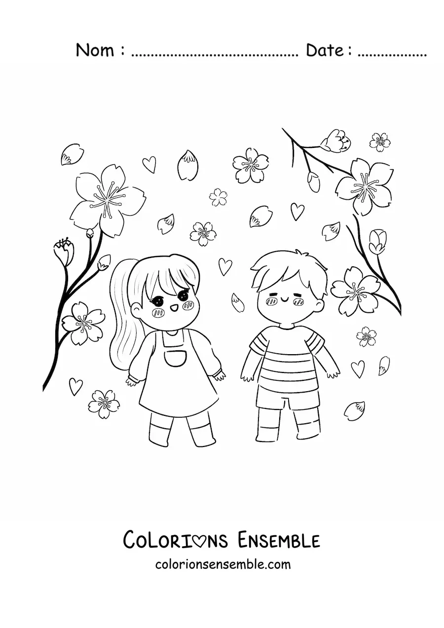 Image à colorier d'enfants kawaii qui observent des fleurs de cerisier