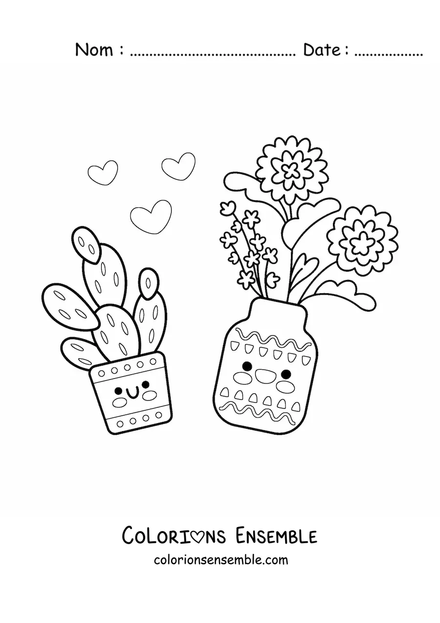 Image à colorier d'un pot de fleurs kawaii à côté d'un cactus