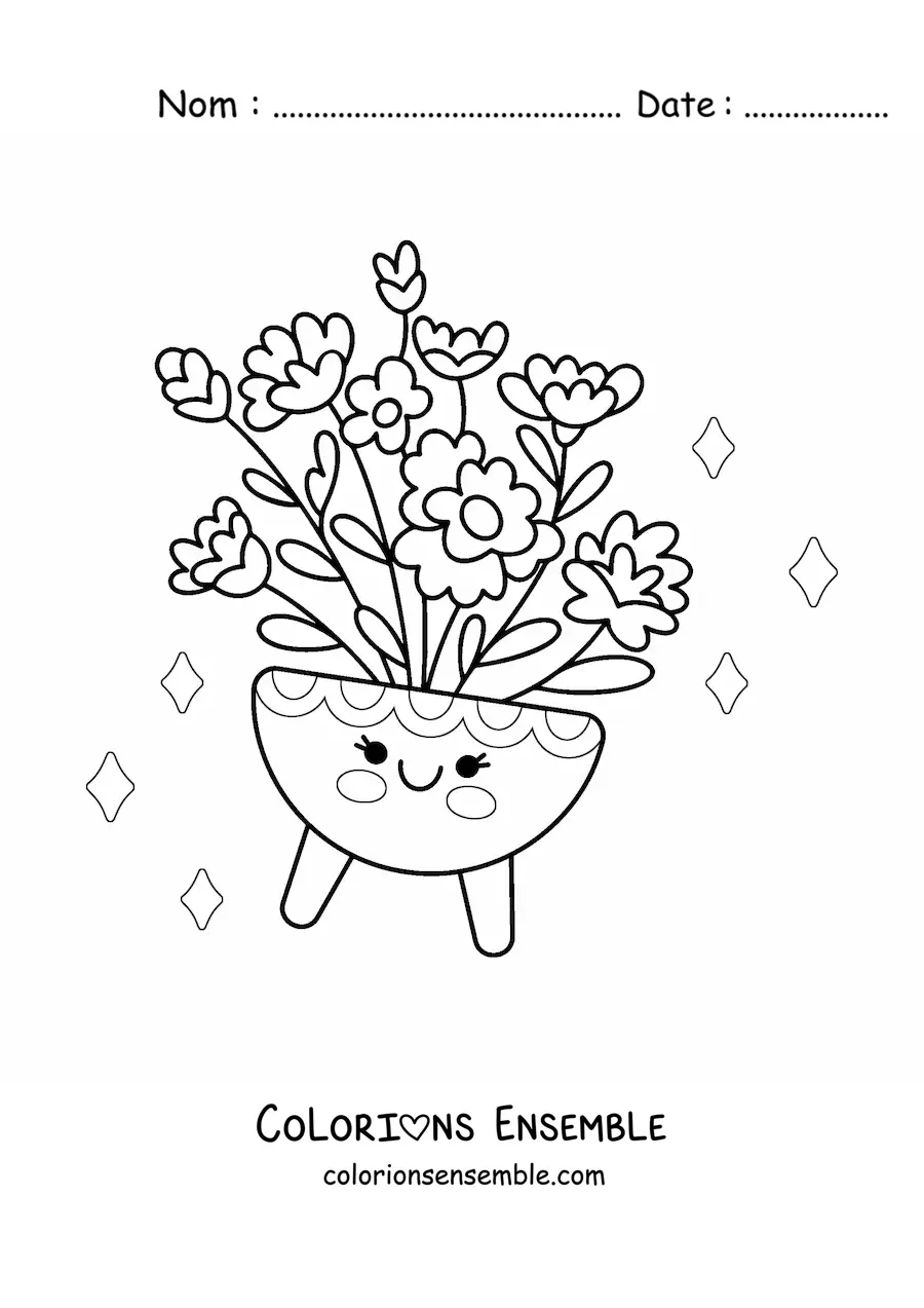 Image à colorier d'un grand pot de fleurs kawaii