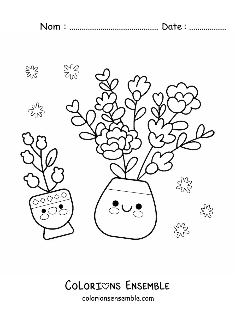 Image à colorier de jolis pots de fleurs kawaii