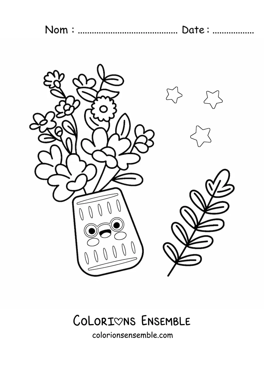 Image à colorier d'un pot de fleurs kawaii avec des étoiles