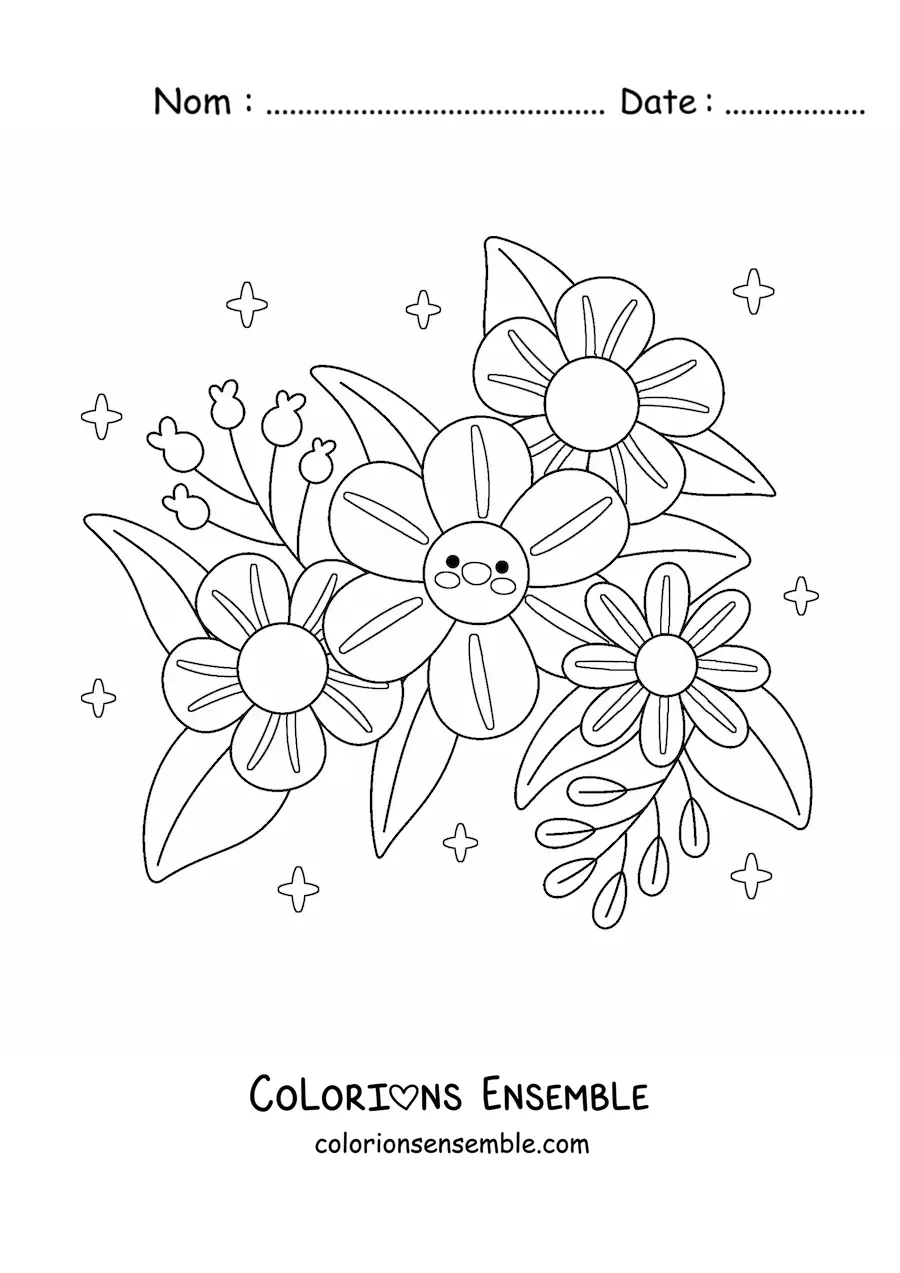 Image à colorier de grandes fleurs kawaii avec des feuilles