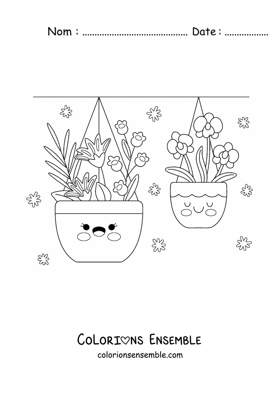 Image à colorier de pots suspendus avec des fleurs kawaii