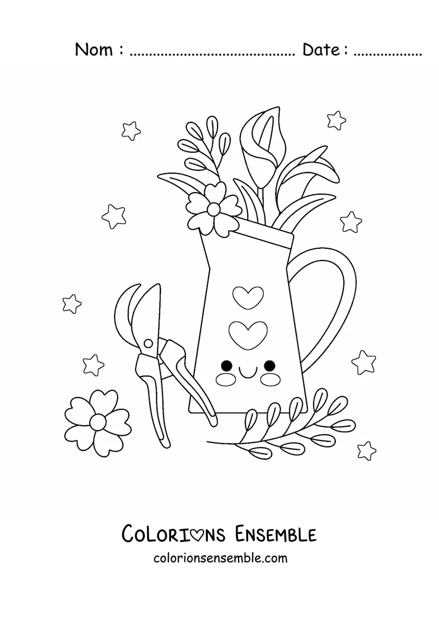 Image à colorier d'un vase de fleurs kawaii à côté d'un sécateur
