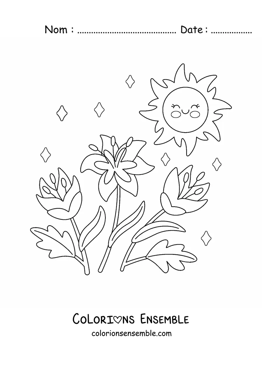 Image à colorier d'un soleil kawaii avec des fleurs