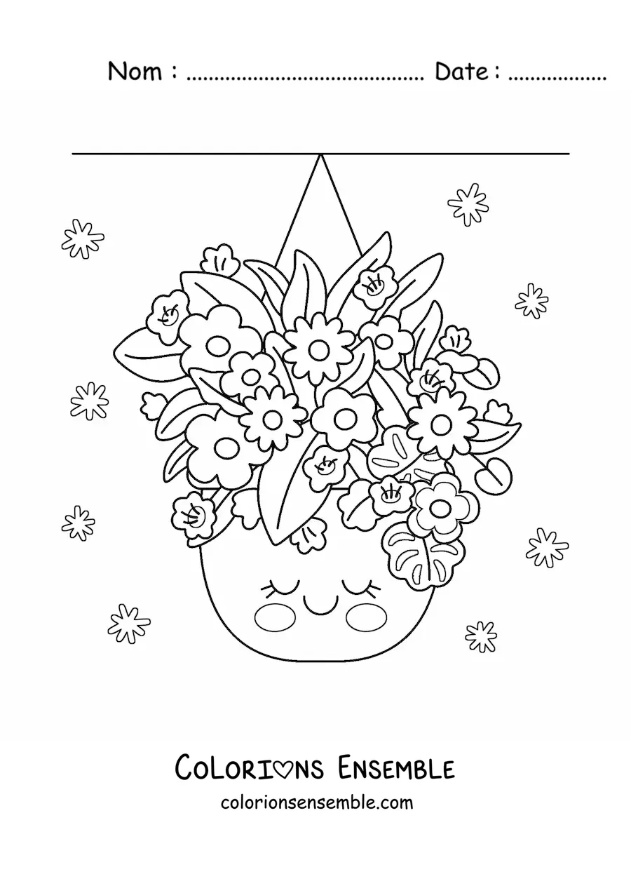 Image à colorier de pots suspendus avec de grandes fleurs kawaii