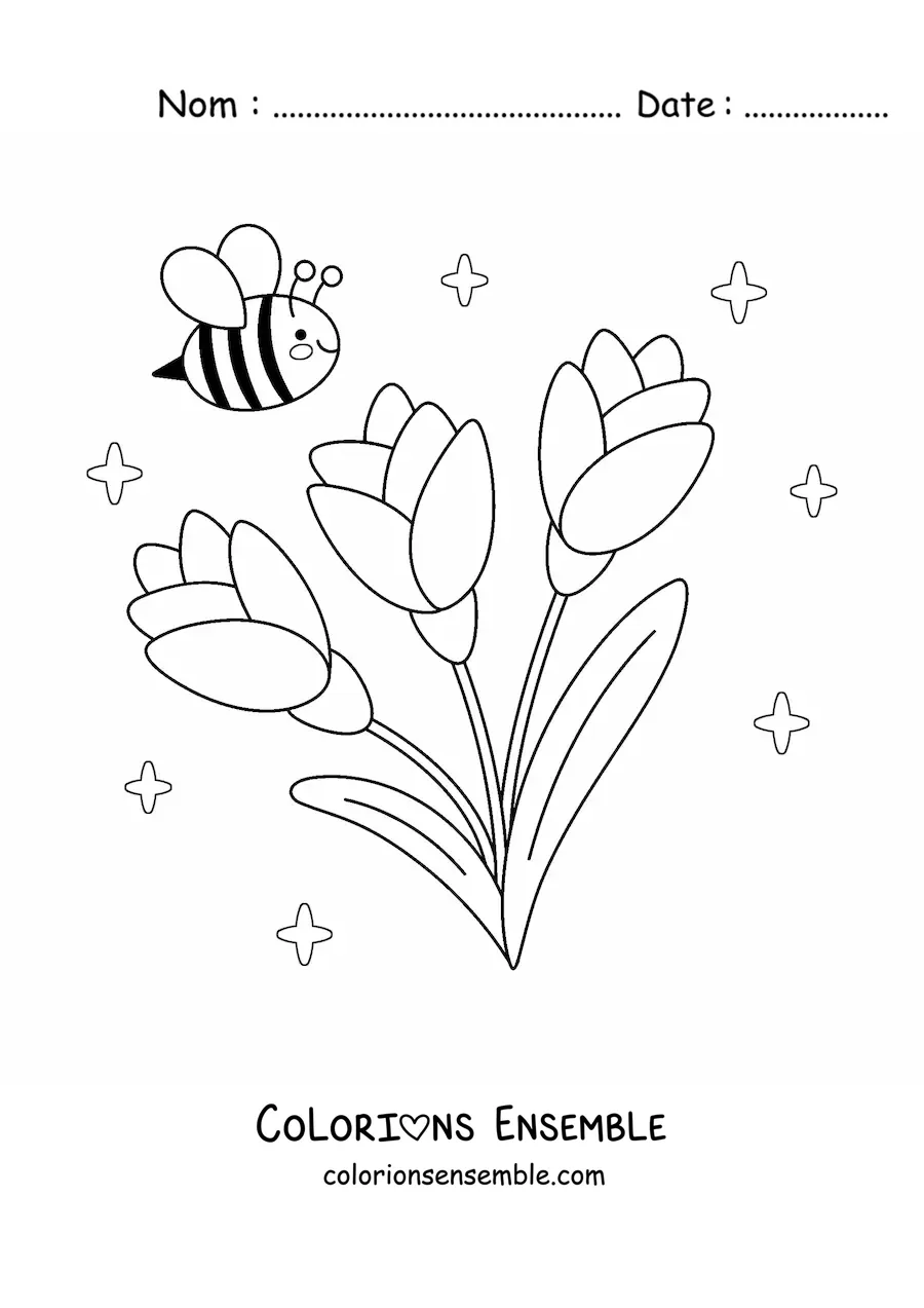 Image à colorier d'une abeille kawaii avec de grandes fleurs