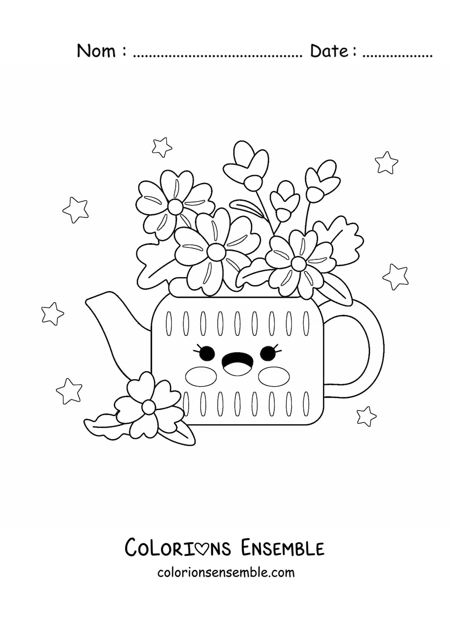 Image à colorier d'un vase de fleurs kawaii avec des étoiles