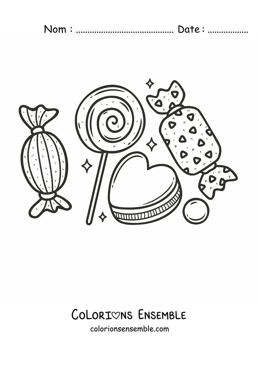 Image à colorier d'une sucette, d'un biscuit en forme de cœur et de bonbons tout autour