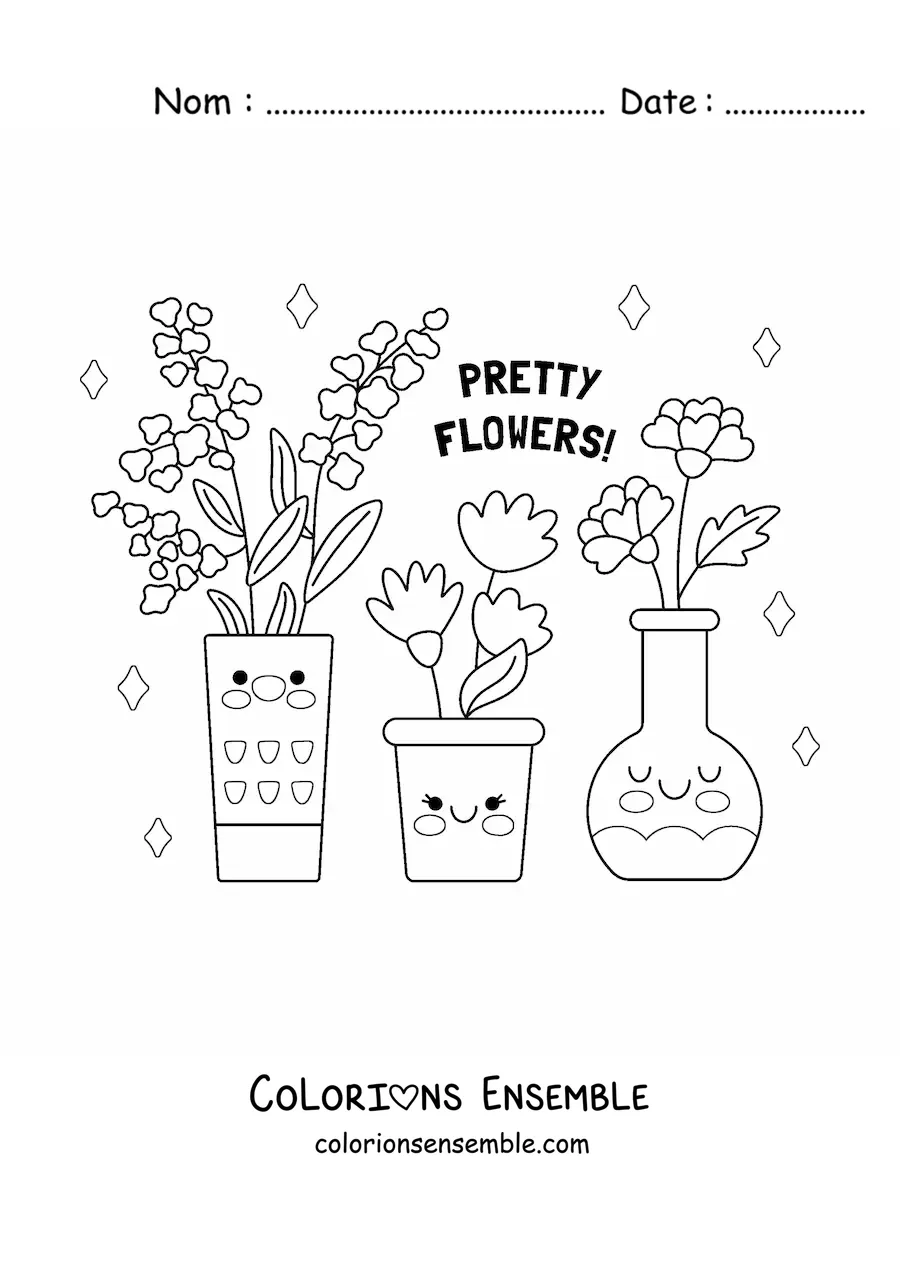 Image à colorier d'un vase et de pots avec de jolies fleurs