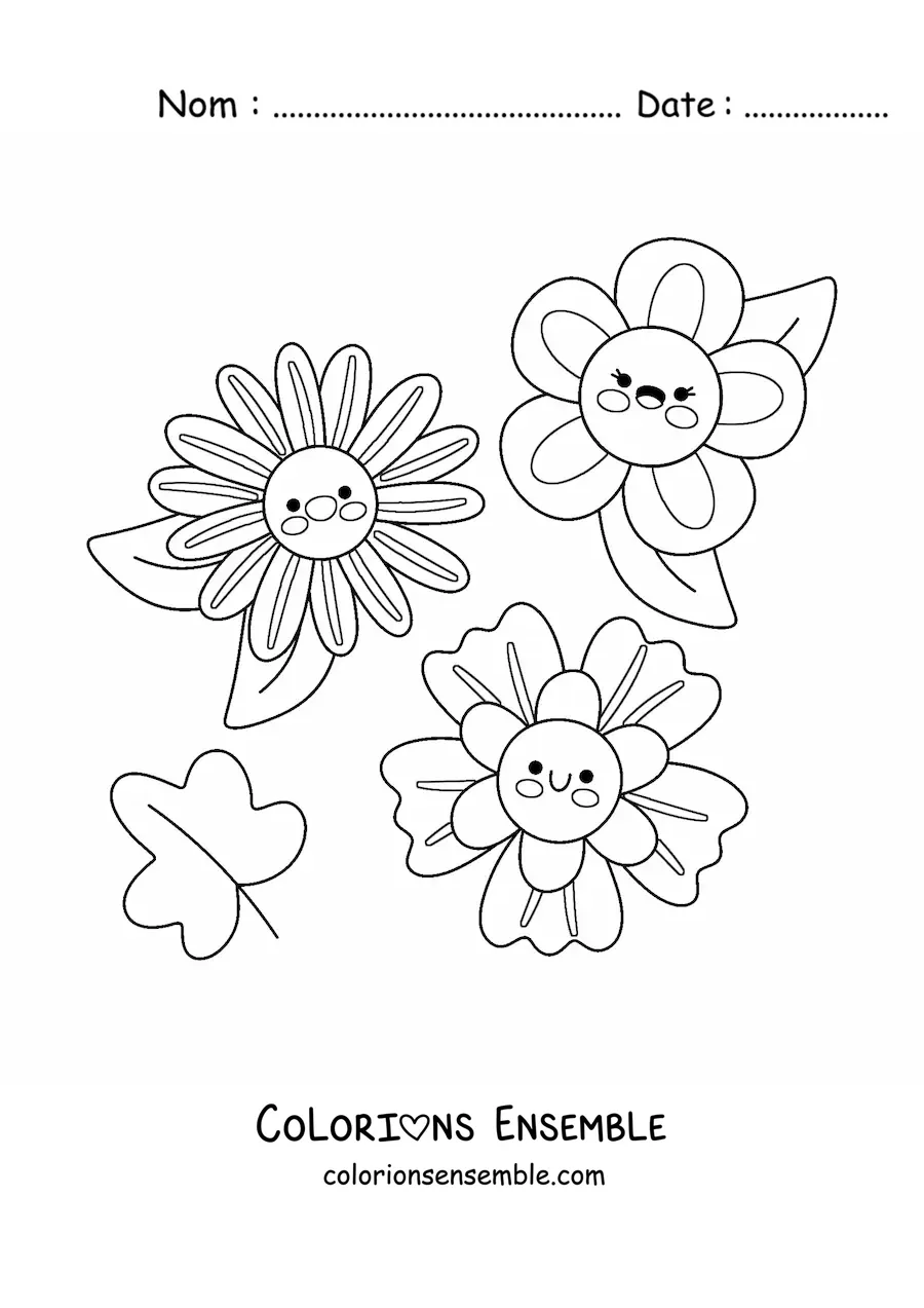Image à colorier de 3 grandes fleurs kawaii