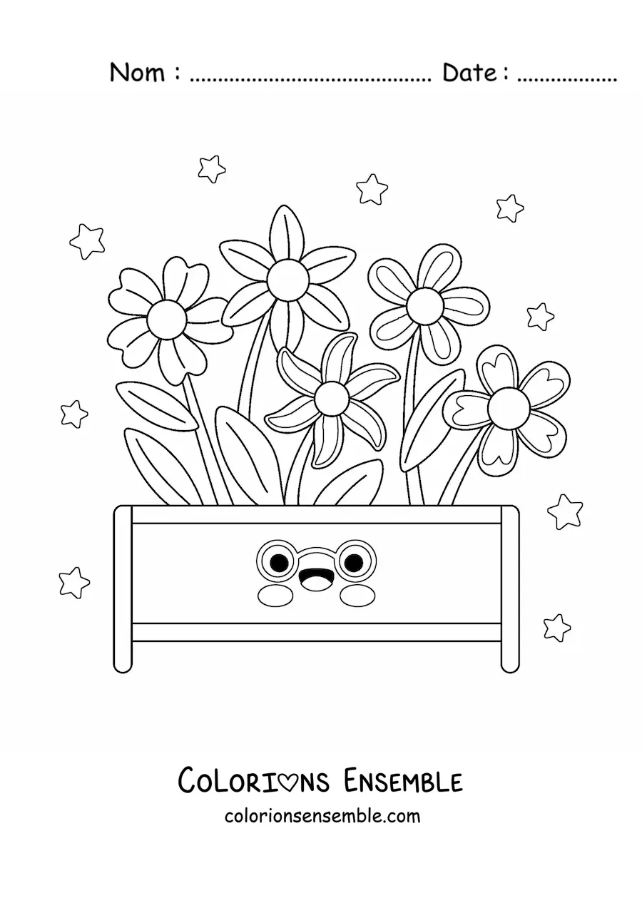 Image à colorier de grandes fleurs plantées dans un pot kawaii