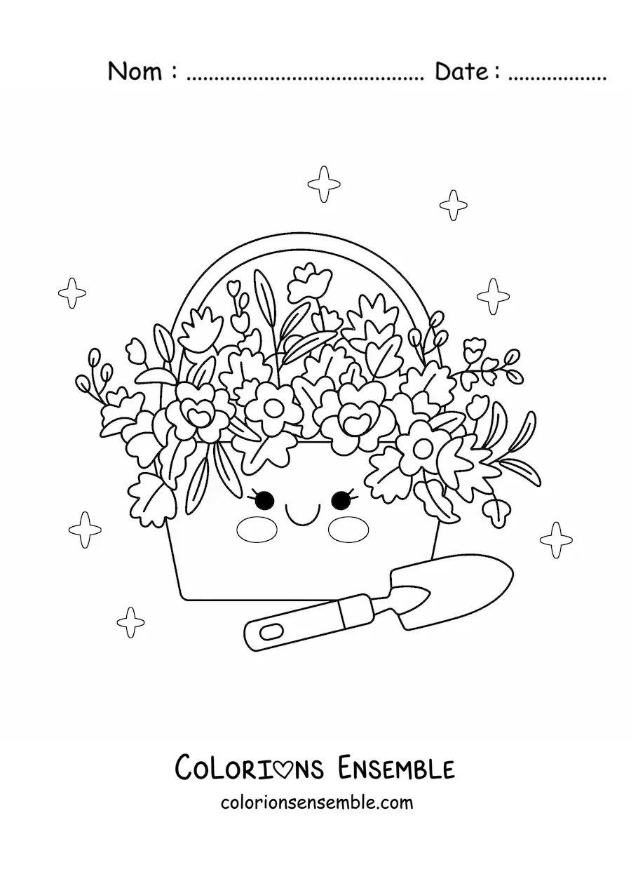 Image à colorier d'un panier kawaii avec des fleurs à côté d'une pelle de jardinage