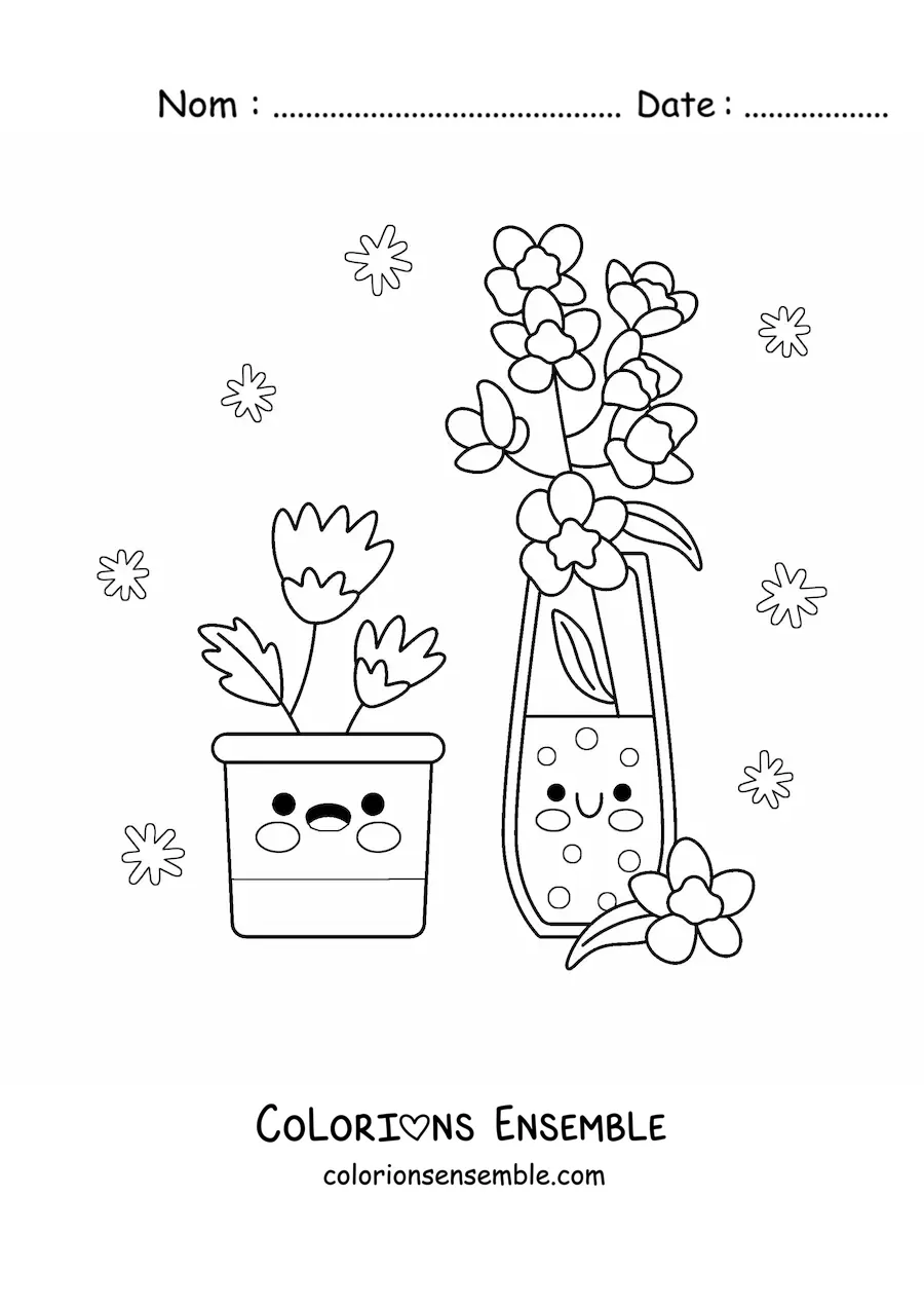 Image à colorier de 2 pots de fleurs avec de jolies fleurs
