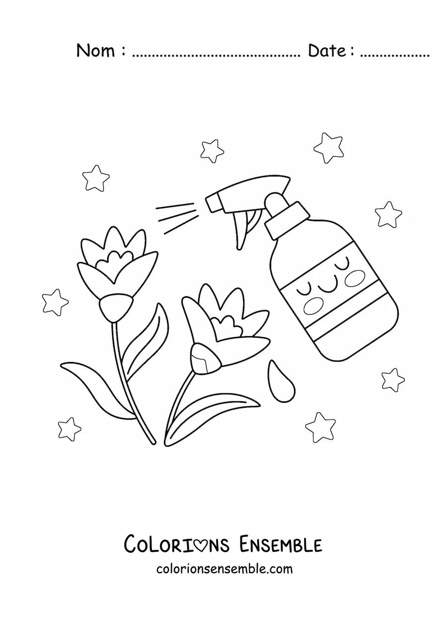 Image à colorier d'un pulvérisateur kawaii qui arrose des fleurs
