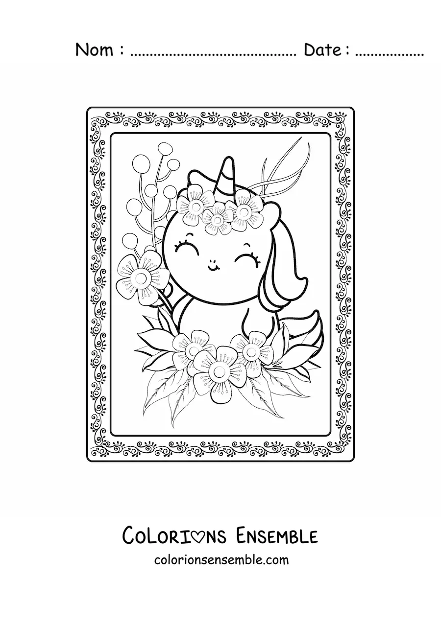 Image à colorier d'une grande licorne kawaii avec des fleurs